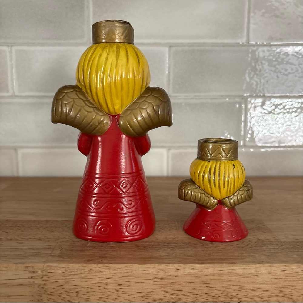 Vintage Set 2 Pair Ardco Japan Red Angel Candleholder Taper Candles Retro Deco - Picture 3 of 10